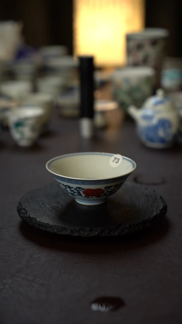 景德镇全手工手绘青花釉里红灵芝斗笠杯