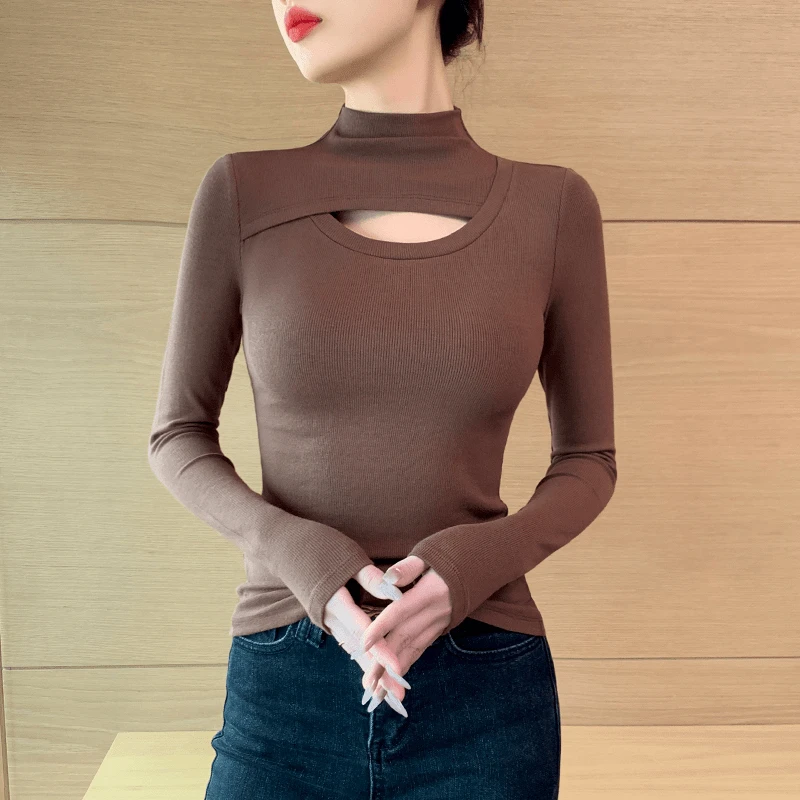 秋冬半高领打底衫T恤黑色针织螺纹显瘦镂空女新款内搭设计感上衣