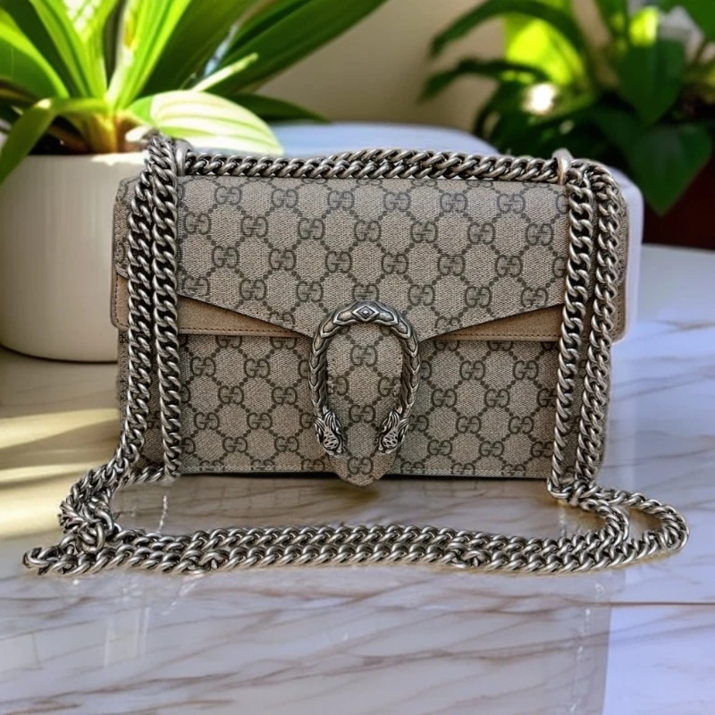 95新 GUCCI/古驰  老花拼棕酒神链条包 1478 4177