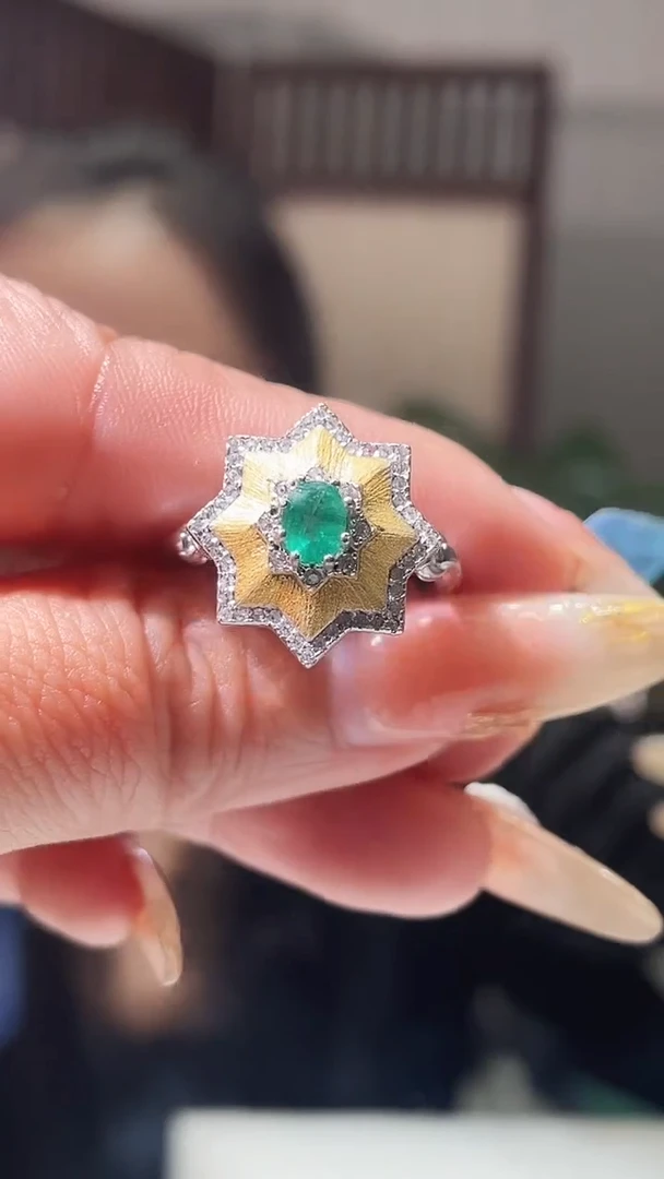 银S925镶嵌戒指祖母绿全净玻璃体