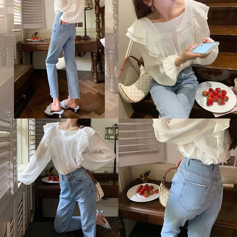 WANTHAT/凡黛卡漫画腿牛仔裤 毛须边复古蓝百搭九分牛仔裤HH07