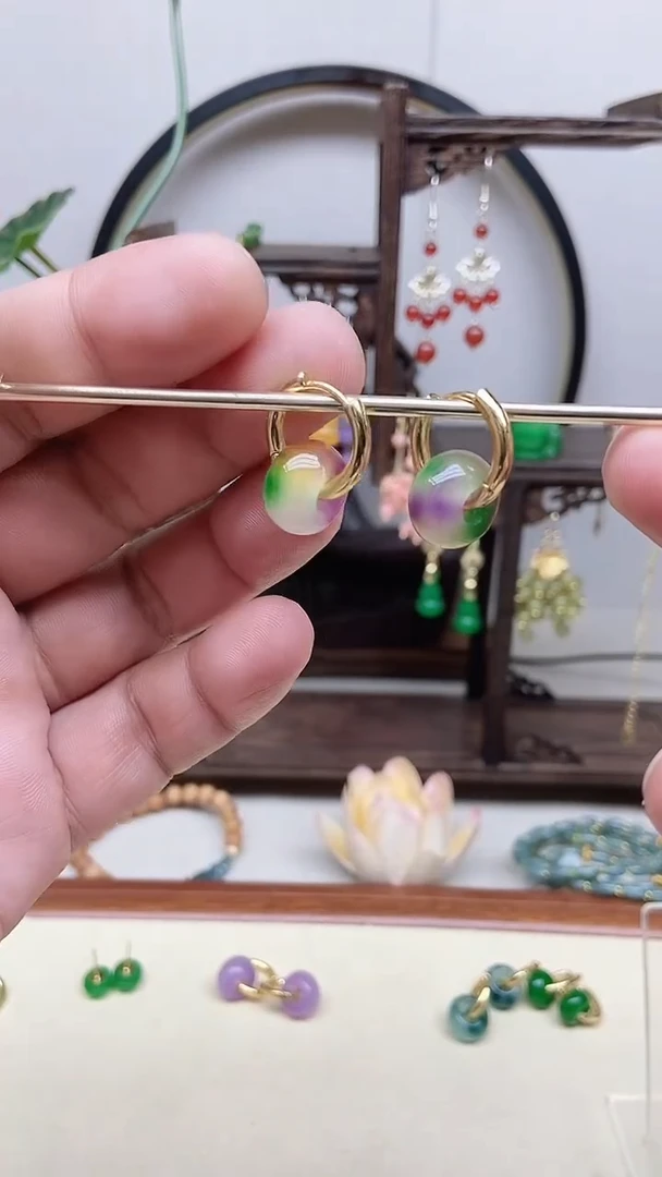 翡翠14K金镶嵌耳饰122号春彩