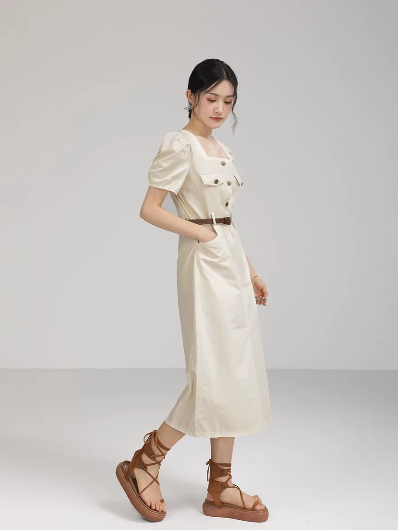 长裙工装裙夏季方领中长裙白色连衣裙长款收腰时尚设计师裙子