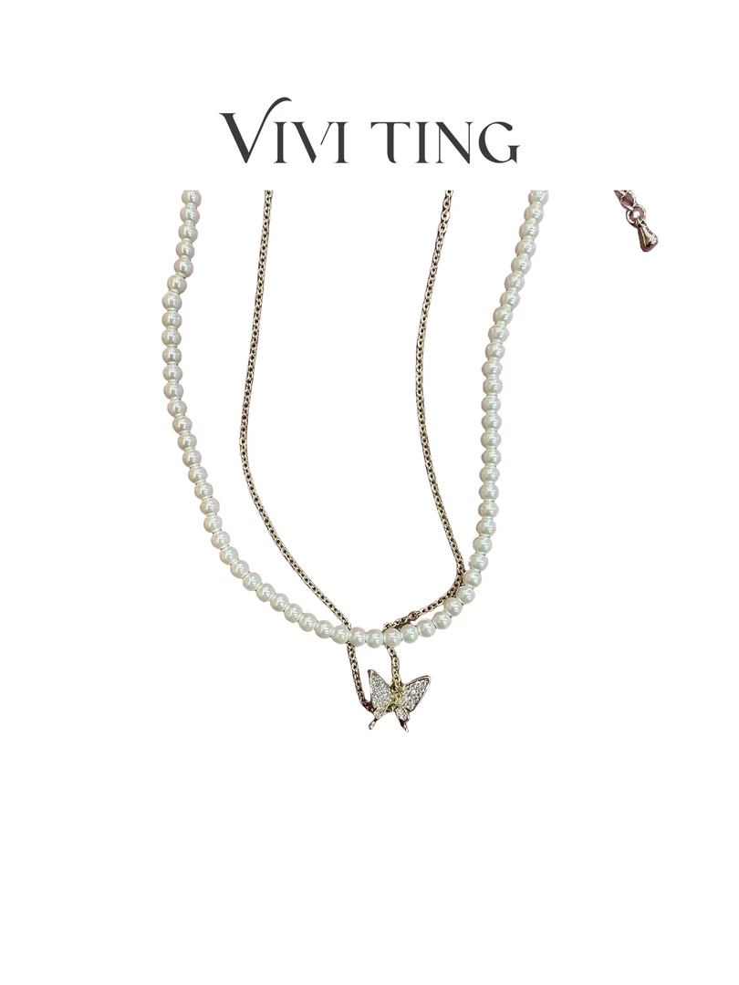 合金仿珍珠吊坠 【VIVI·TING】婷姐推荐轻奢镶钻蝴蝶结吊坠项链