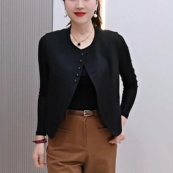 09-宽松圆领单排扣短款西装马甲外套