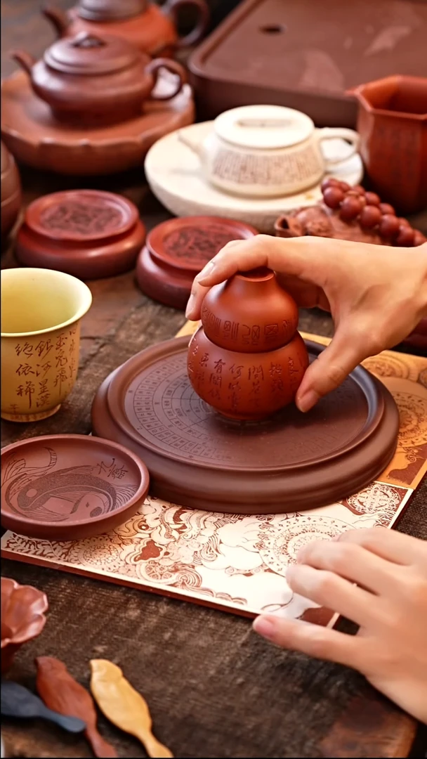 茶杯紫砂朱泥葫芦杯套杯素心老师刻绘