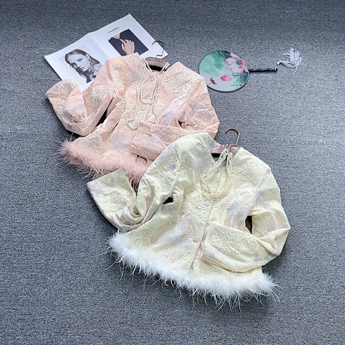 秋冬新款毛毛边刺绣花薄棉时尚外套