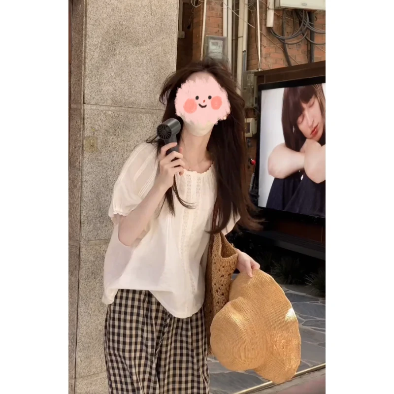 2025夏季新款休闲风圆领宽松防晒上衣T恤黑白格子裤气质两件套女