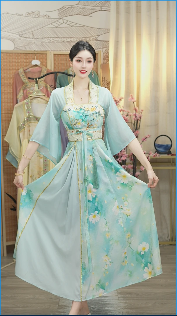 微岚熙2025夏季新款中国风飘逸水绿日常长款连衣裙1619