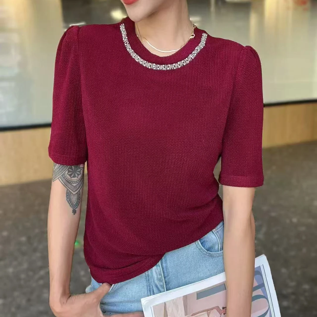 春夏新品时尚圆领订珠镶钻甜美减龄弹力打底T恤
