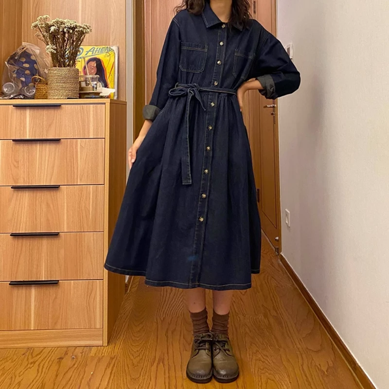 法式高级感长袖牛仔衬衫连衣裙女2025早春季新款收腰显瘦polo长裙