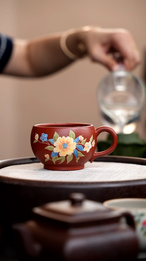 茶壶紫砂朱泥蓝叶手把杯