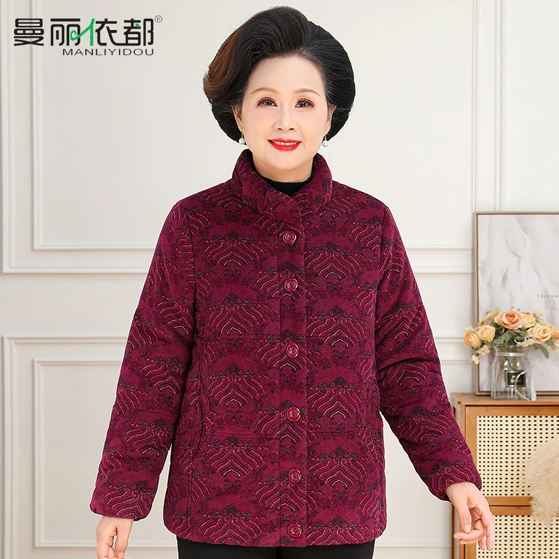 中老年棉衣女冬装短款纯棉灯芯绒外套老年人花棉袄奶奶装老人棉服