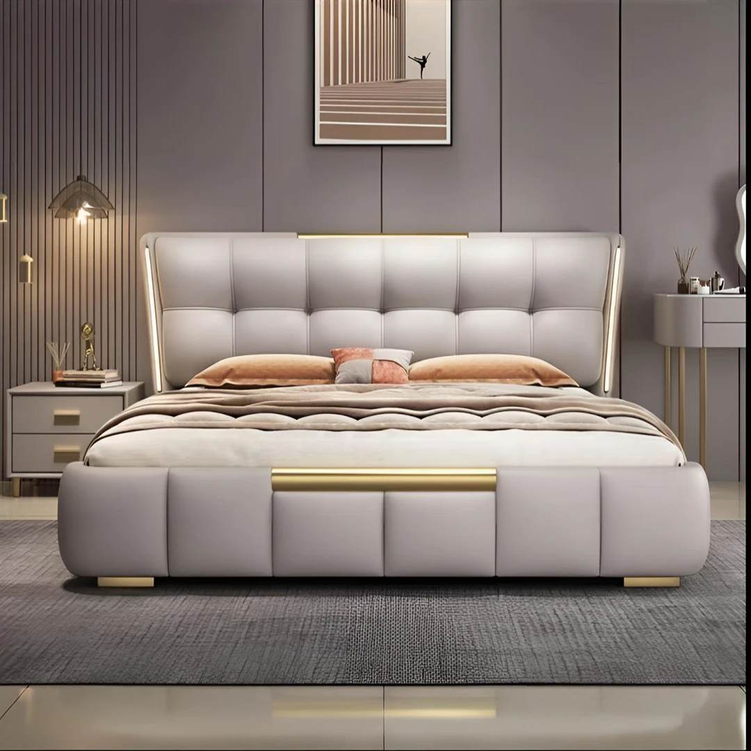 轻奢真皮主卧床现代简约主卧室大床储物高箱意式真皮床真皮床