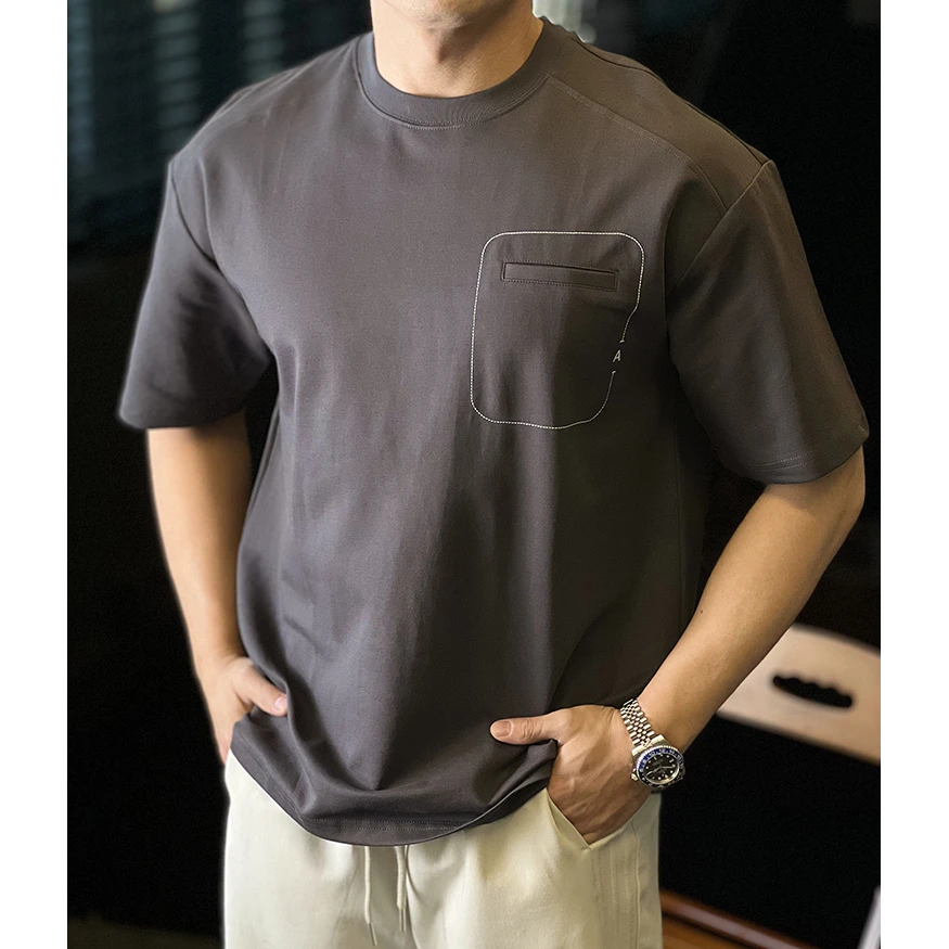 奥兰德保罗简约线条设计宽松短袖T恤男假口袋休闲通勤上衣春夏季