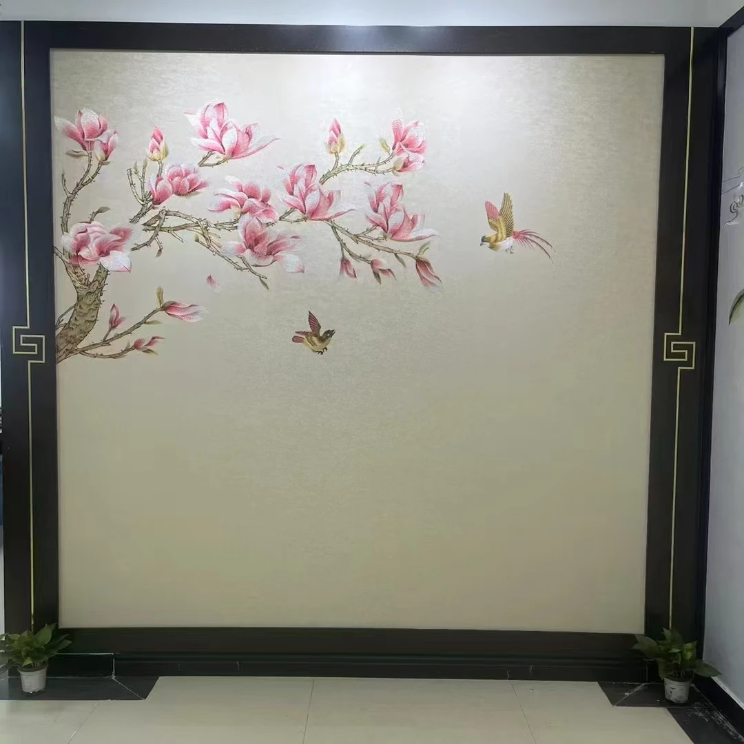 独绣刺绣无缝壁布花鸟如花似月客厅电视沙发背景墙布新中式独秀