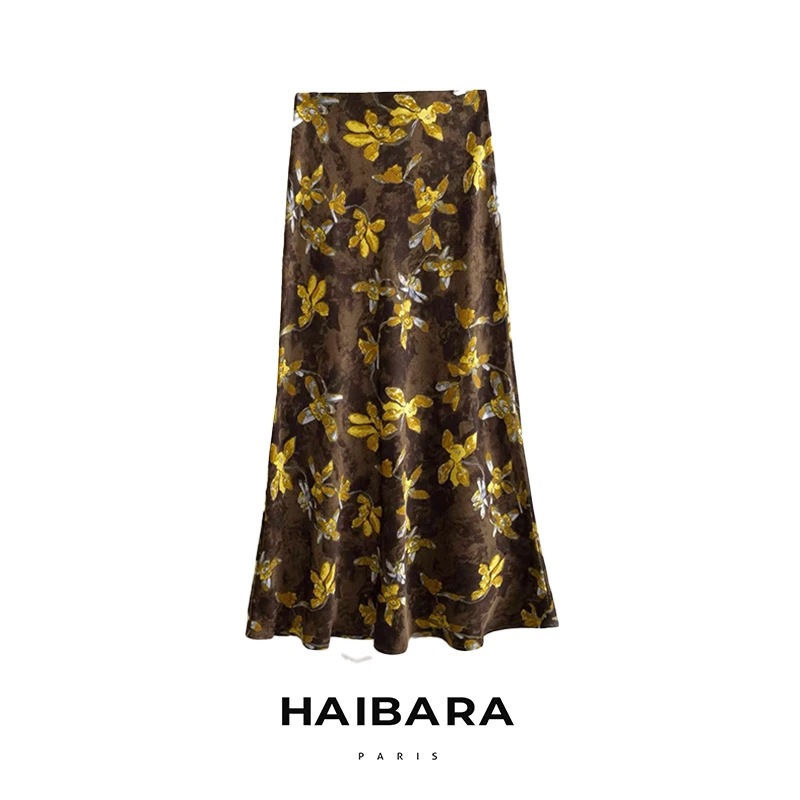 【蝴蝶花黄花半裙】油画印花A字裙薄款醋酸缎春夏季开叉显瘦半身裙