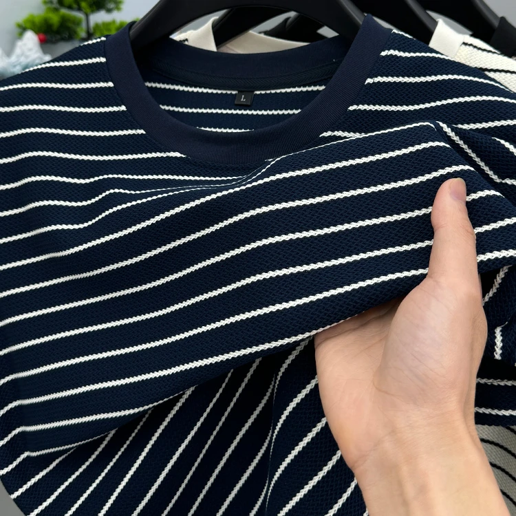 John Bunni横条纹短袖t恤男士夏季新款圆领美式宽松休闲百搭上衣