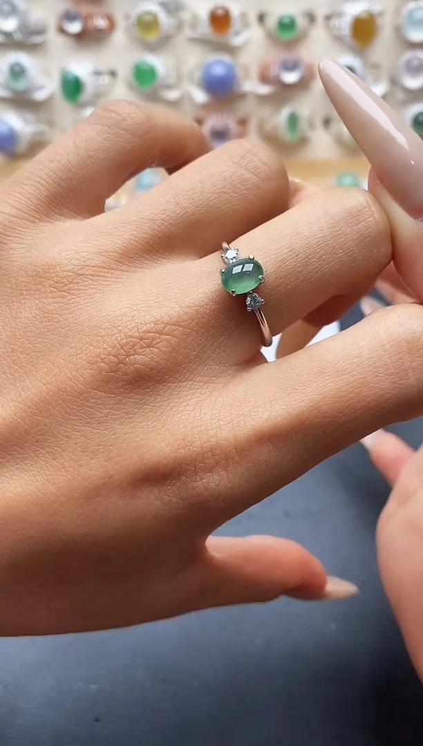 银S925镶嵌戒指翡翠缅甸天然A货翡翠1 7-10