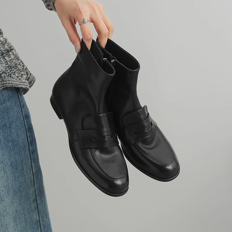 头层牛皮~高端轻奢圆头厚底英伦风切尔西靴秋冬新款做旧真皮短靴