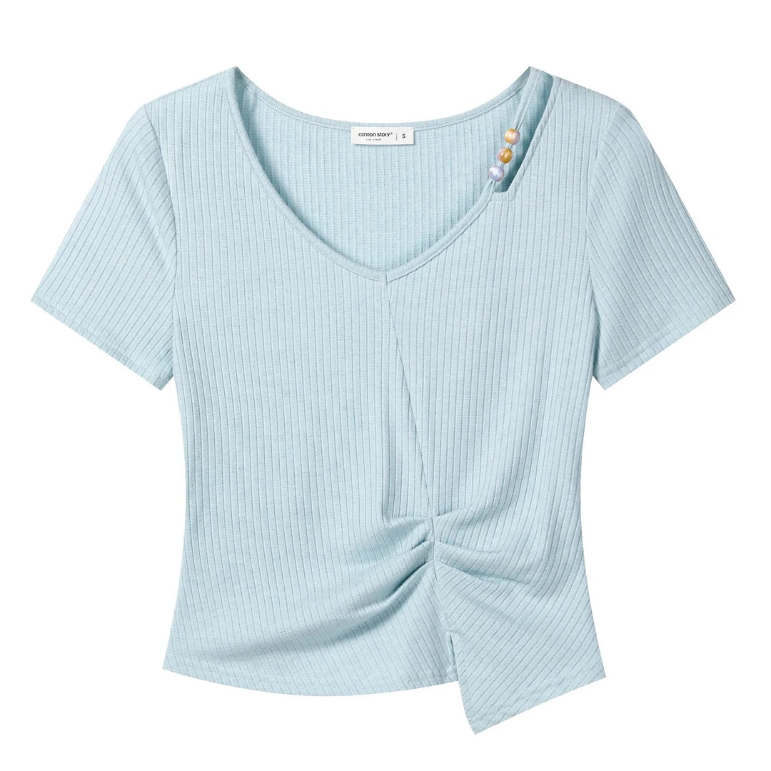 羊城故事-不规则串珠正肩短袖T恤女装夏季遮肉显瘦上衣Y50550662