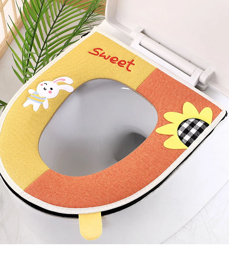 亚麻马桶坐垫拉链坐便器新款家用四季通用舒适加厚防水卡通垫子