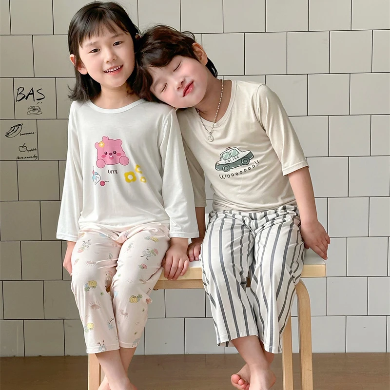 儿童夏季七分袖九分裤套装60支优可丝韩版睡衣男童女童空调家居服