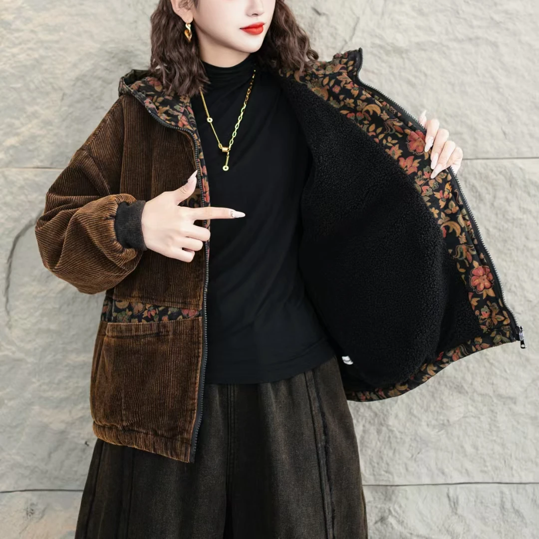 秋冬新款连帽厚款棉服冬季宽松加绒保暖棉衣1225