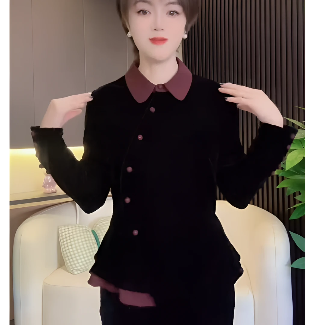 2025年冬季新款显瘦百搭简约拼接天鹅颈小衫厚款金丝绒