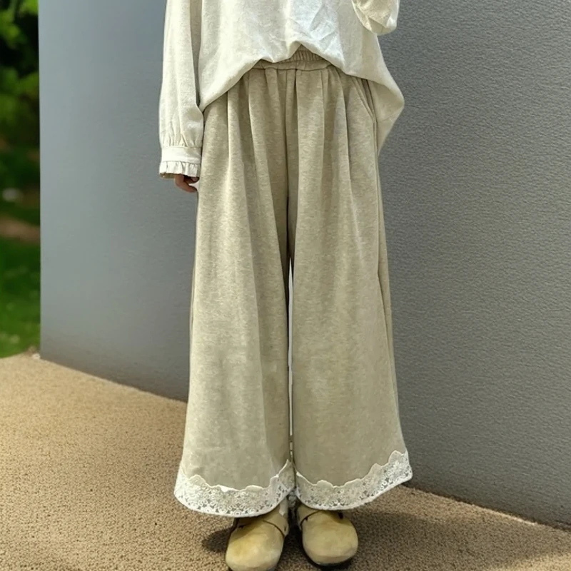 【2409】蕾丝拼接阔腿裤女2025春季新款高腰宽松九分休闲直筒裤