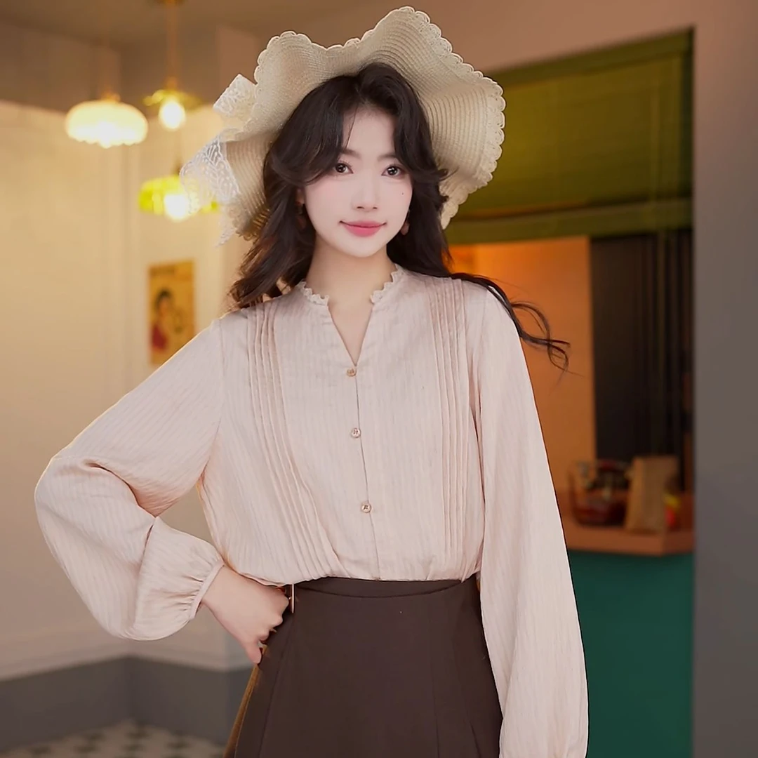 丁佳欣【花园秘事】港风复古条纹衬衫女宽松显瘦上衣JR3882226