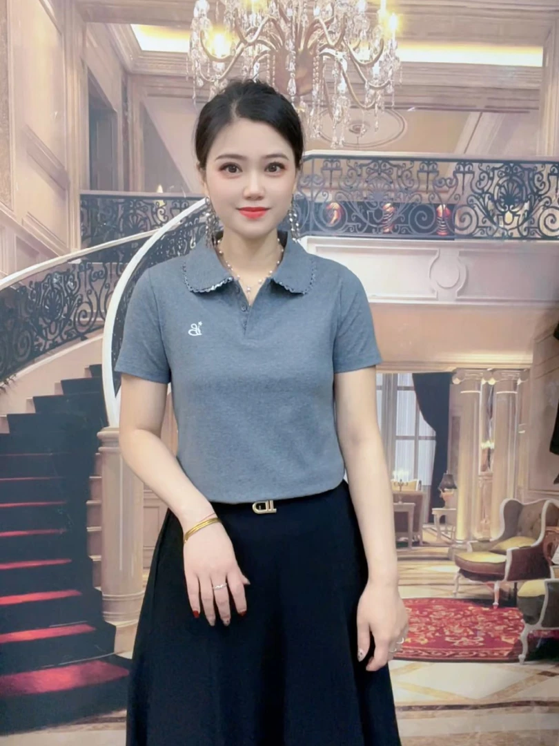 妈妈装黑色娃娃领短袖t恤女夏季新款夏装时尚修身百搭休闲上衣