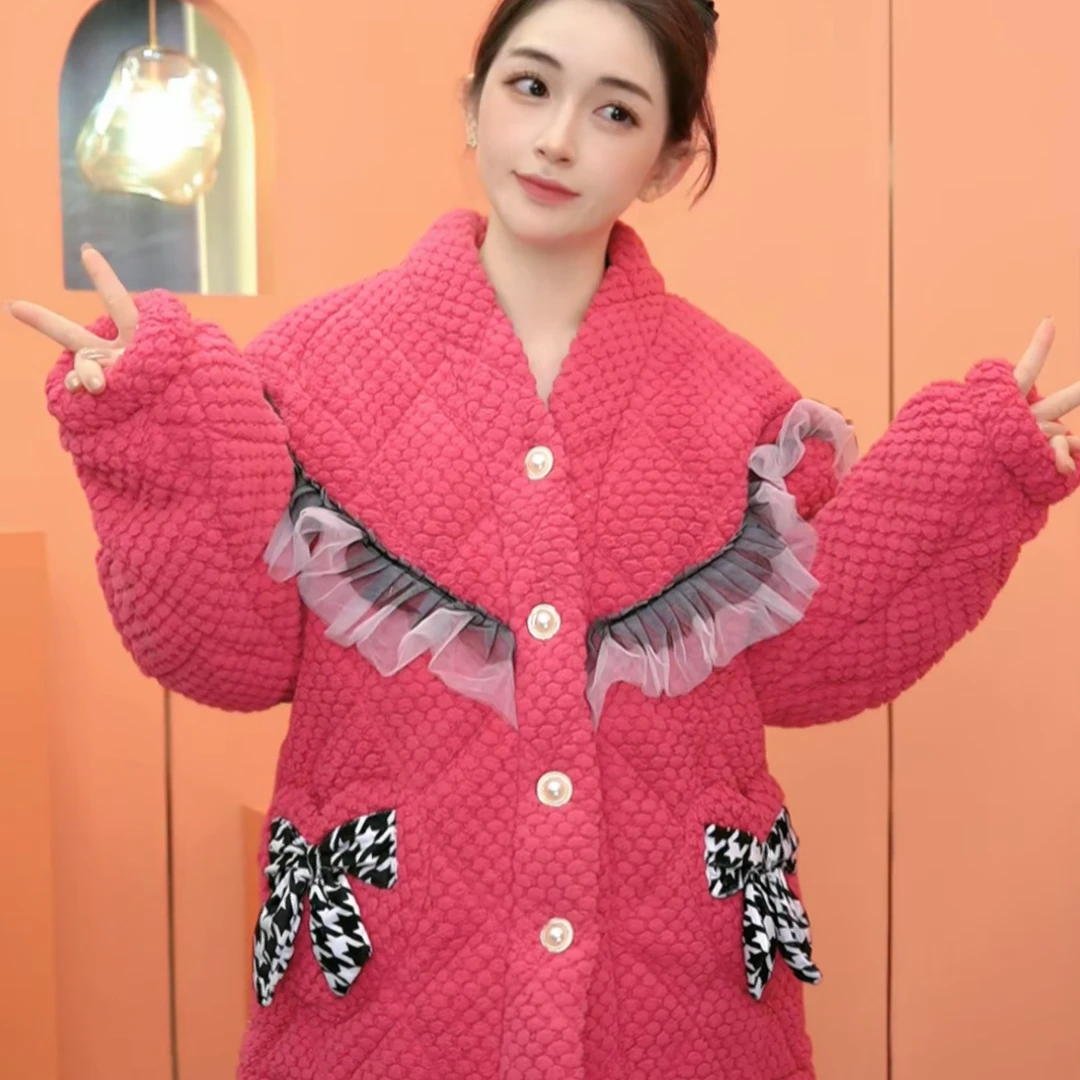 比蒂高定【玫红蝴蝶结】三层夹棉睡衣女加绒加厚冬季保暖家居服外穿