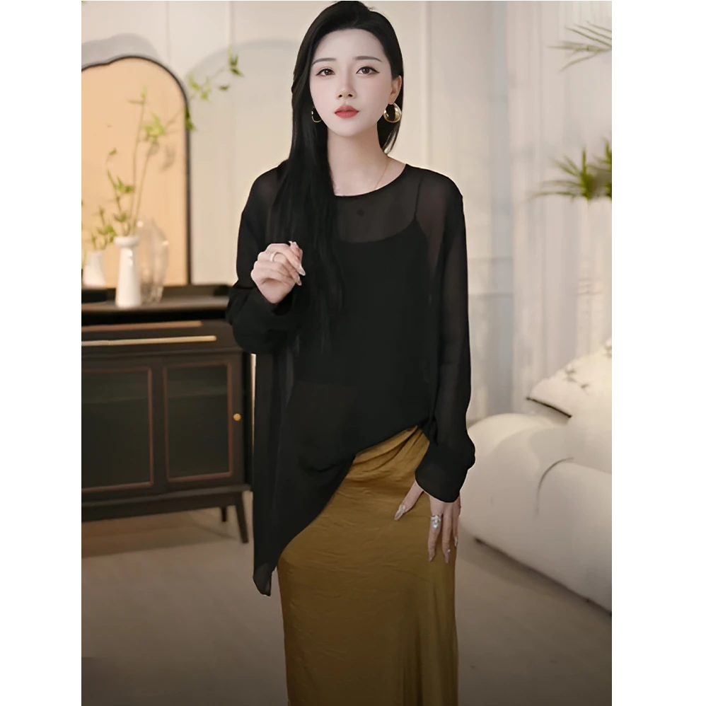 黑色防晒罩衫女夏季外搭薄款新款时尚洋气空调衫配吊带长裙子上衣