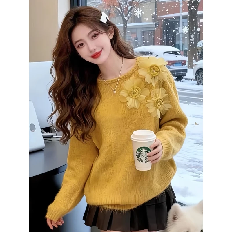 温柔风立体花朵紫色针织衫女2026冬季加厚宽松显瘦毛衣慵懒风气质