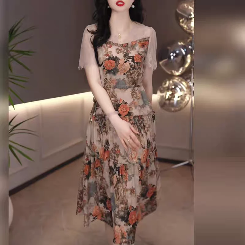 高级琉璃丝时尚洋气百搭碎花中长款礼服裙2025夏季新款显瘦连衣裙