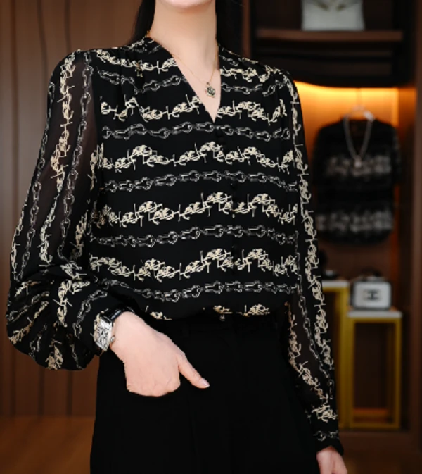 国颐 新款小V领衬衣轻奢优雅洋气减龄时尚百搭显瘦衬衫S24H300