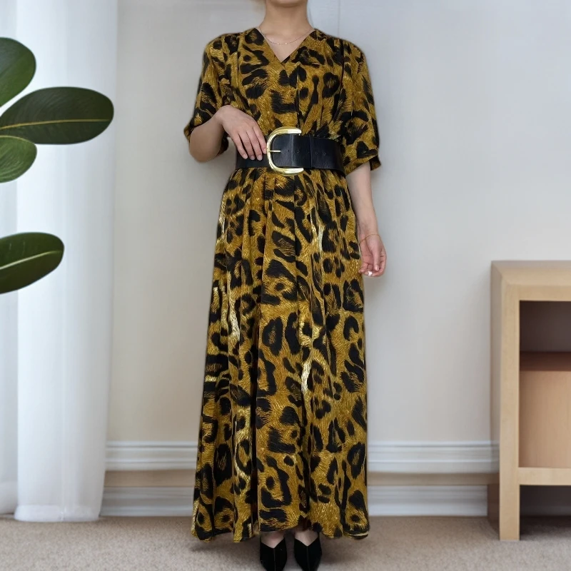 【娜孜】 夏季豹纹时尚裙子V领豹纹长裙礼服裙短袖