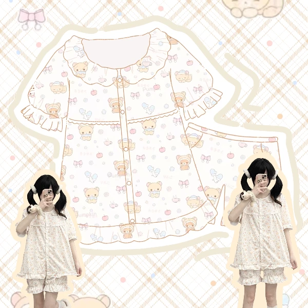 原创！轻松熊甜美春秋透气柔软可外穿卡通少女睡衣短袖短裤家居服