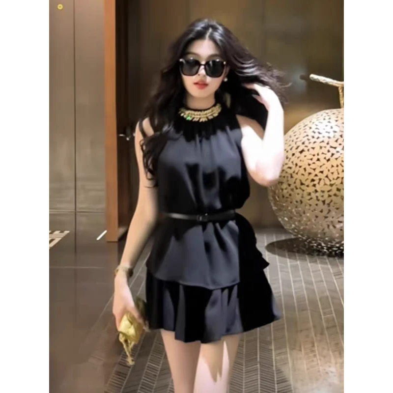 法式气质重工镶钻上衣高腰半身裙两件套小众露肩收腰显瘦荷叶边