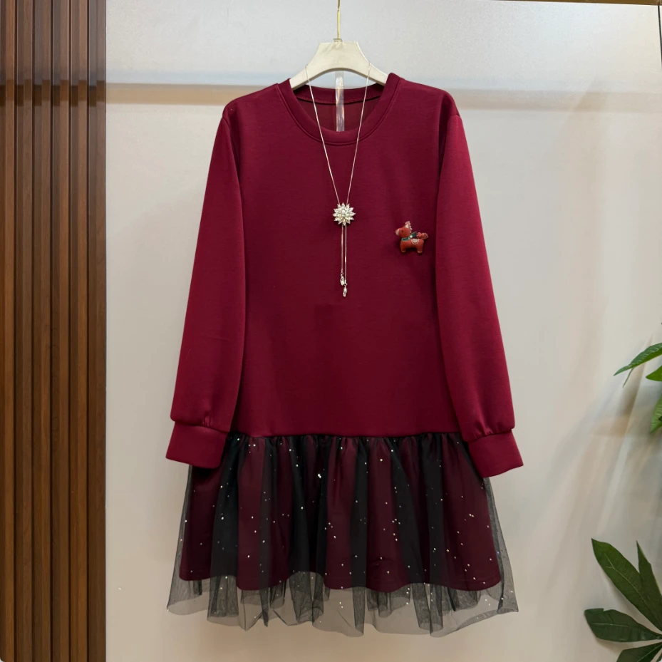 大码欧货新款时尚气质简约圆领拼纱显瘦连衣裙