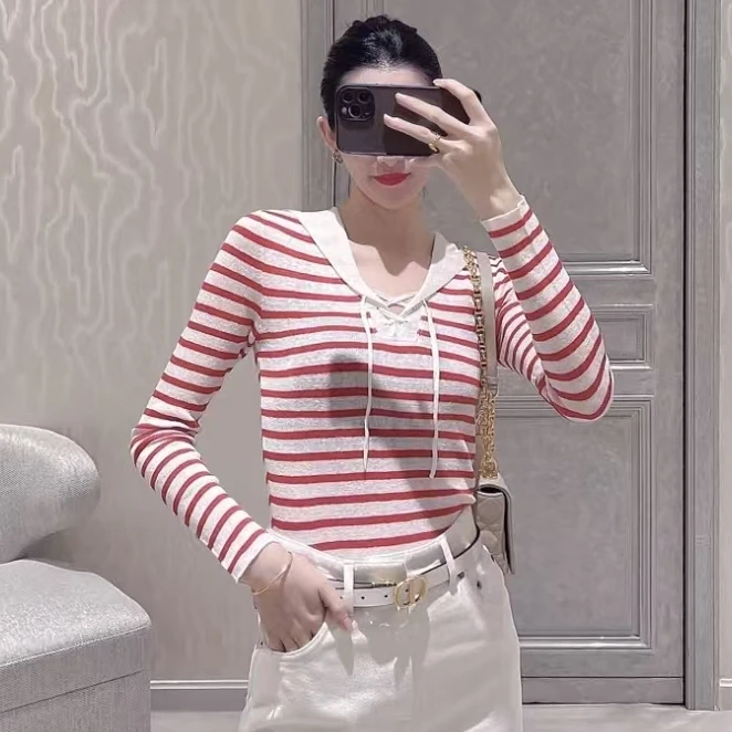 99新 DIOR/迪奥 拼色条纹海军领针织上衣 38 M552