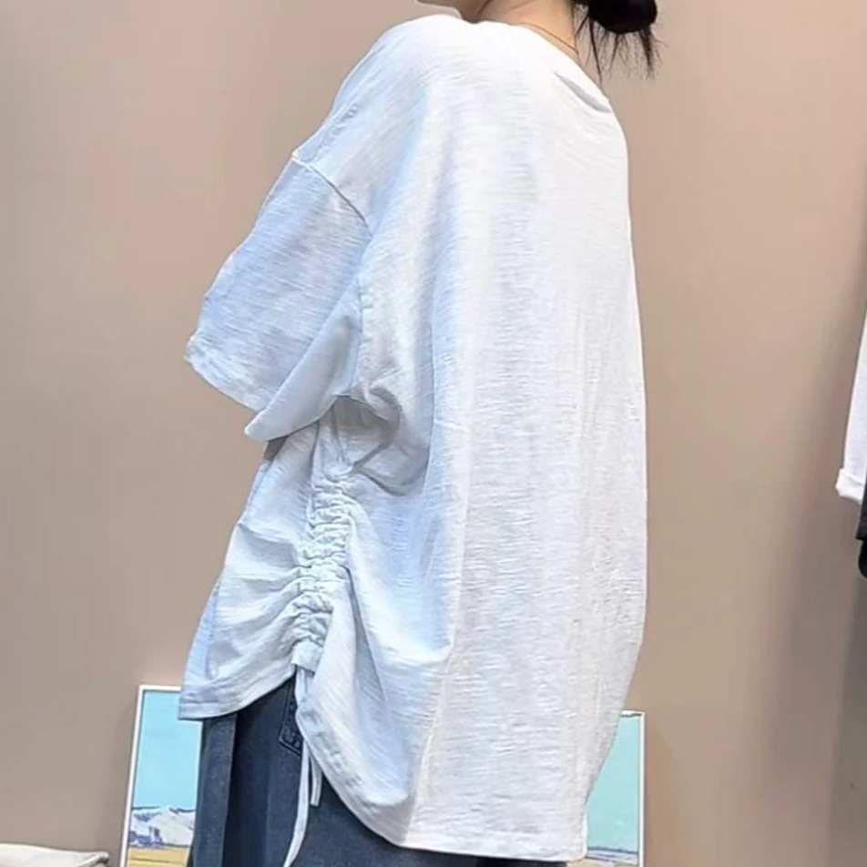 竹节棉两侧抽绳短袖t恤女宽松
