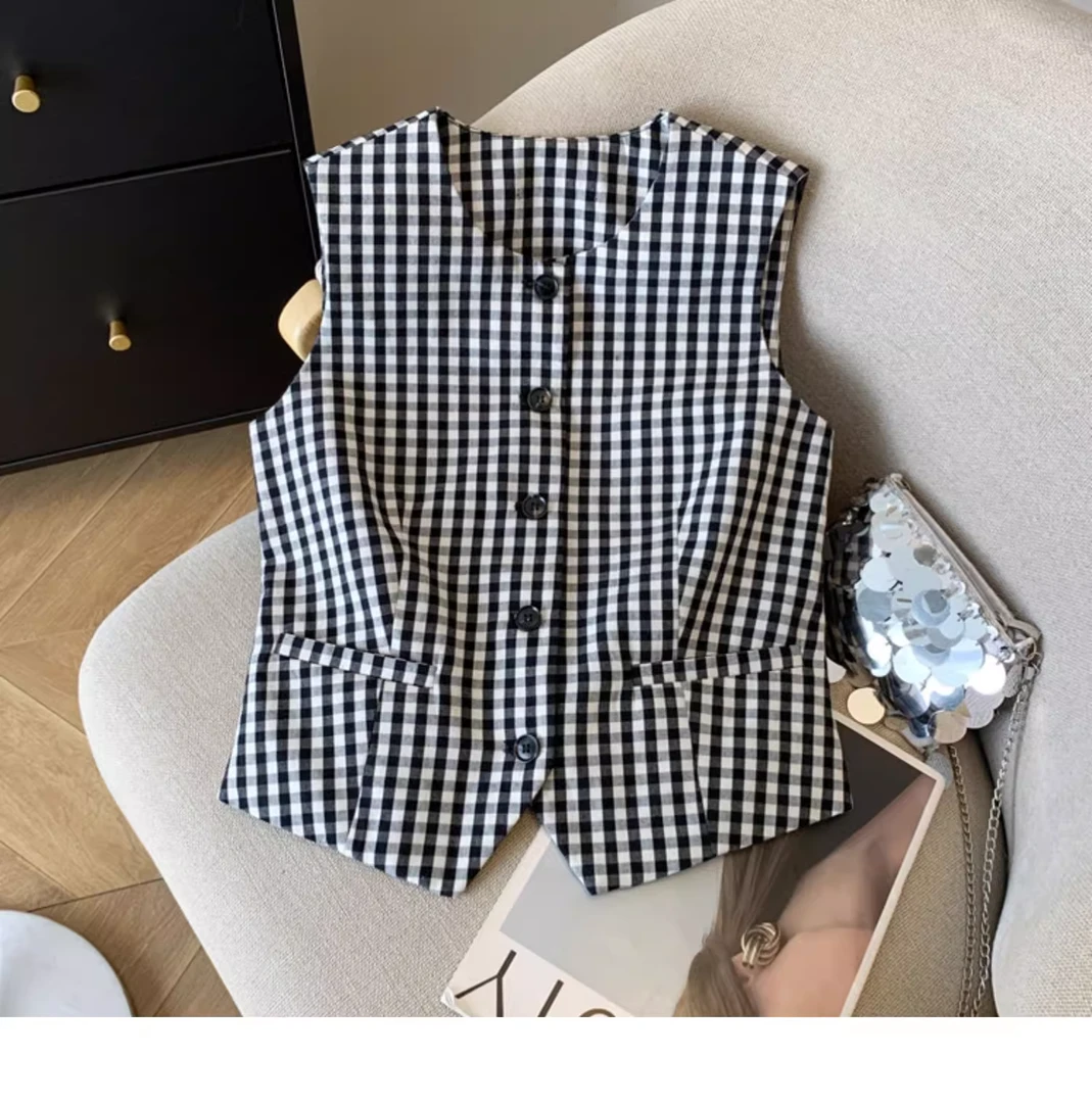 常规马夹女格子格纹复古圆领马夹厚款常规绑带薄款夏季