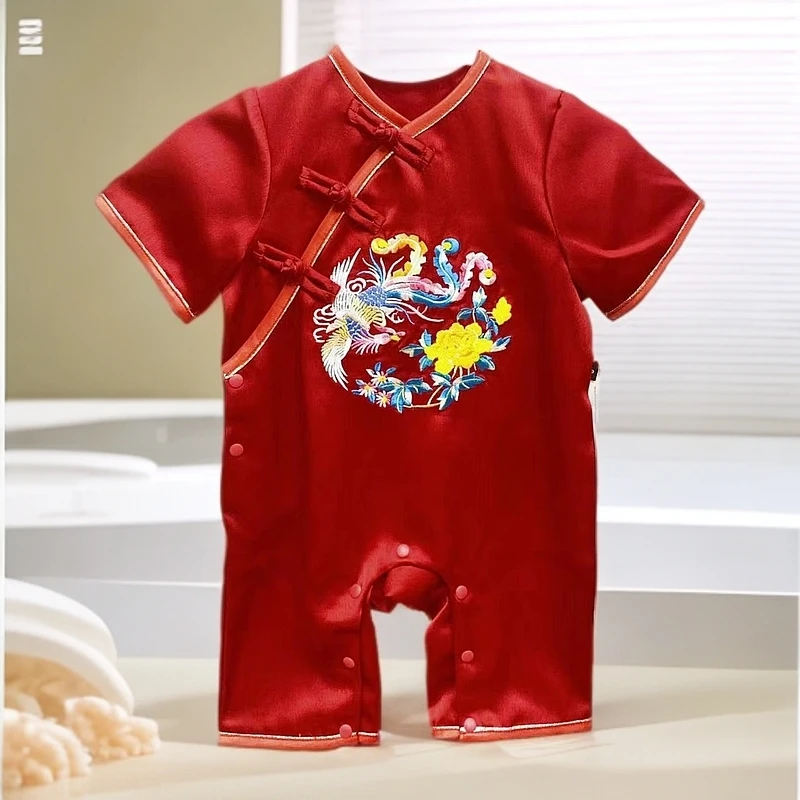 龙凤虎婴儿幼儿夏季连体衣满月、百天、周岁宝贝醋酸红色宝宝连体衣