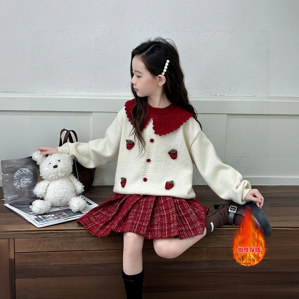 2026新款秋冬女童针织套装翻领毛衣时尚短裙小清新圣诞毛衣新年服