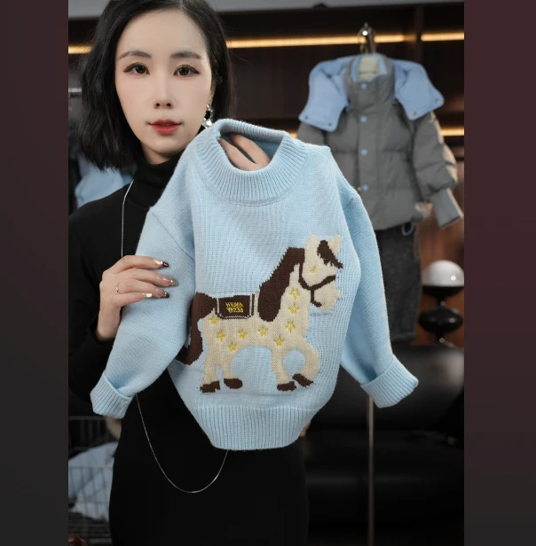 秋冬男童女童百搭洋气网红宽松加厚冬季套头马年圆领针织毛衣