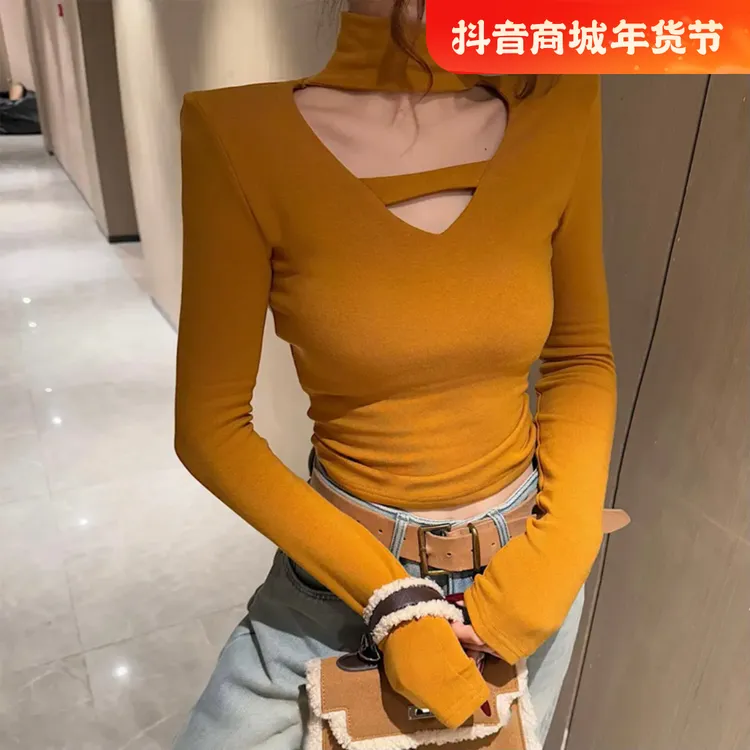 2024半高领打底衫冬季新款无垫肩百搭显瘦V领显瘦纯色镂空百搭T恤