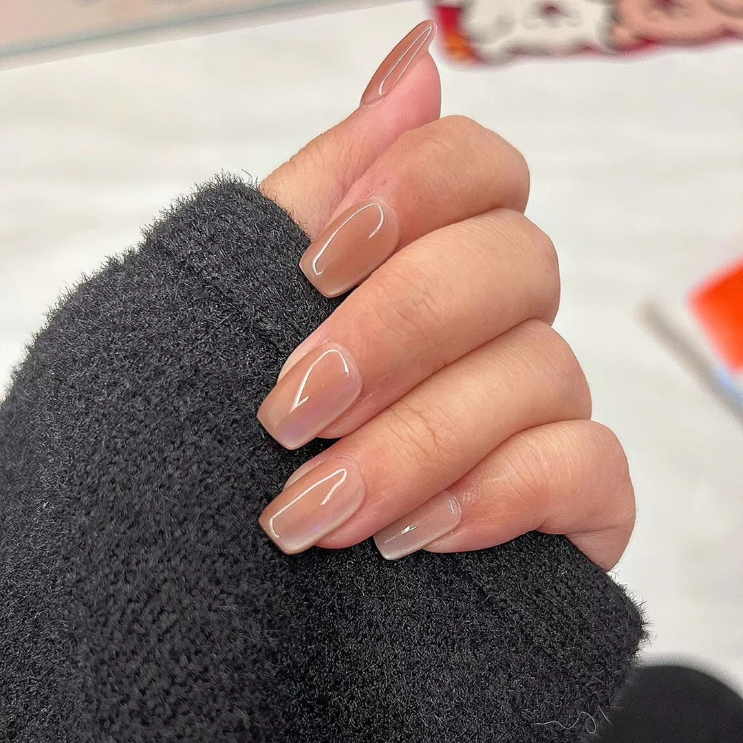 纯手工爆款白开水猫眼裸色新款穿戴甲显白短款可拆卸纯手工美甲