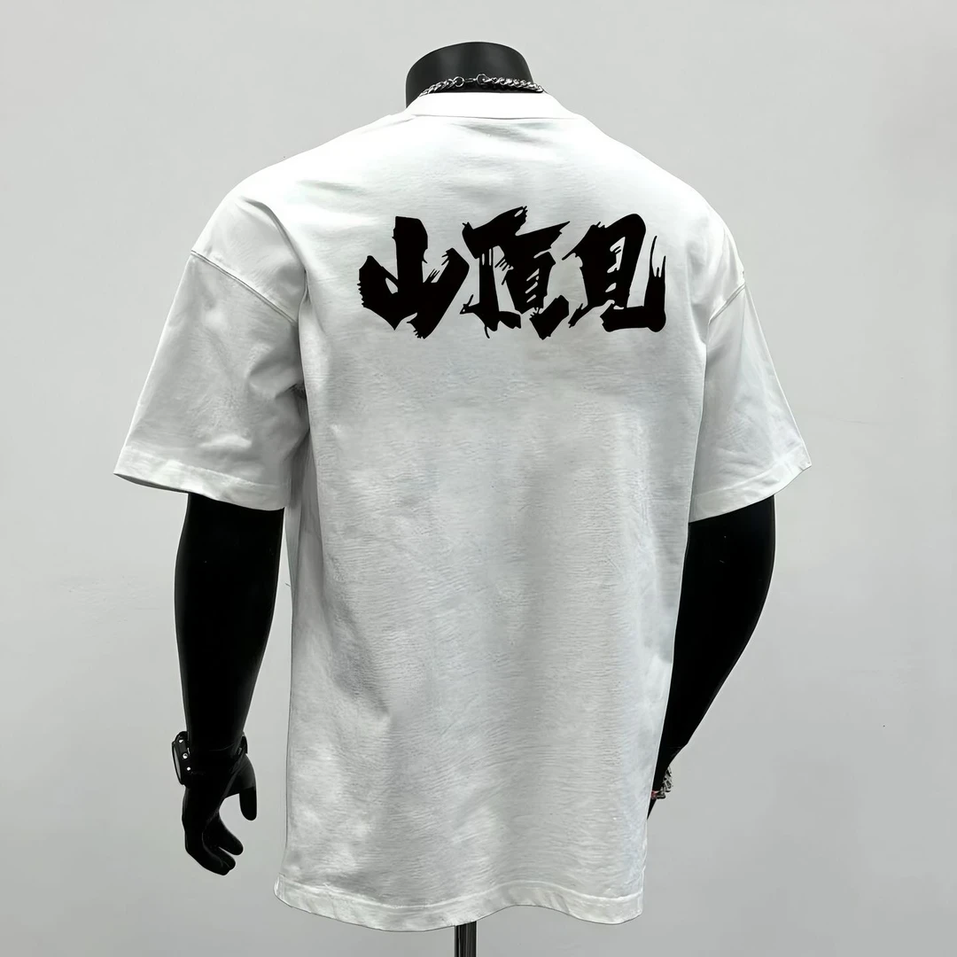 230g重磅纯棉国潮文字印花轻奢圆领短袖情侣装白T恤oversize